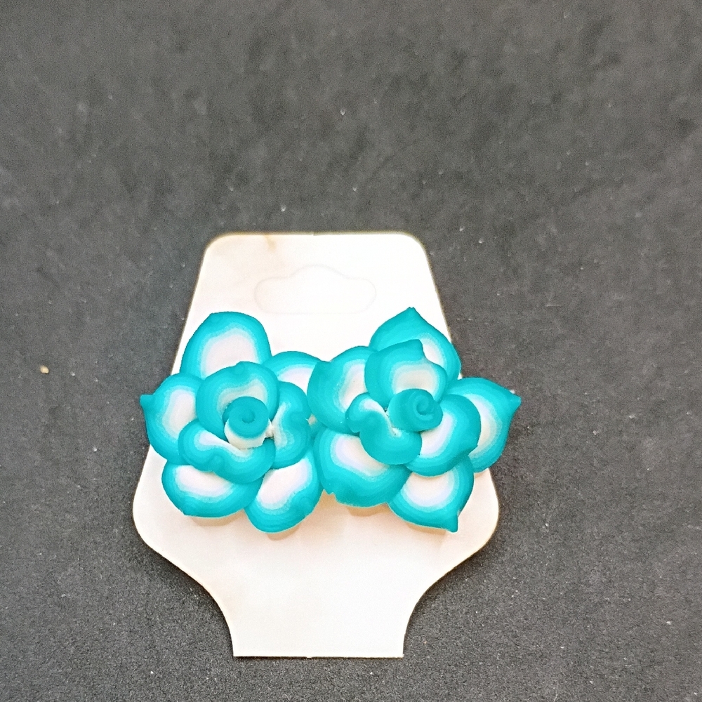 Turquoise & White Polymer Clay Flower Statement Earrings